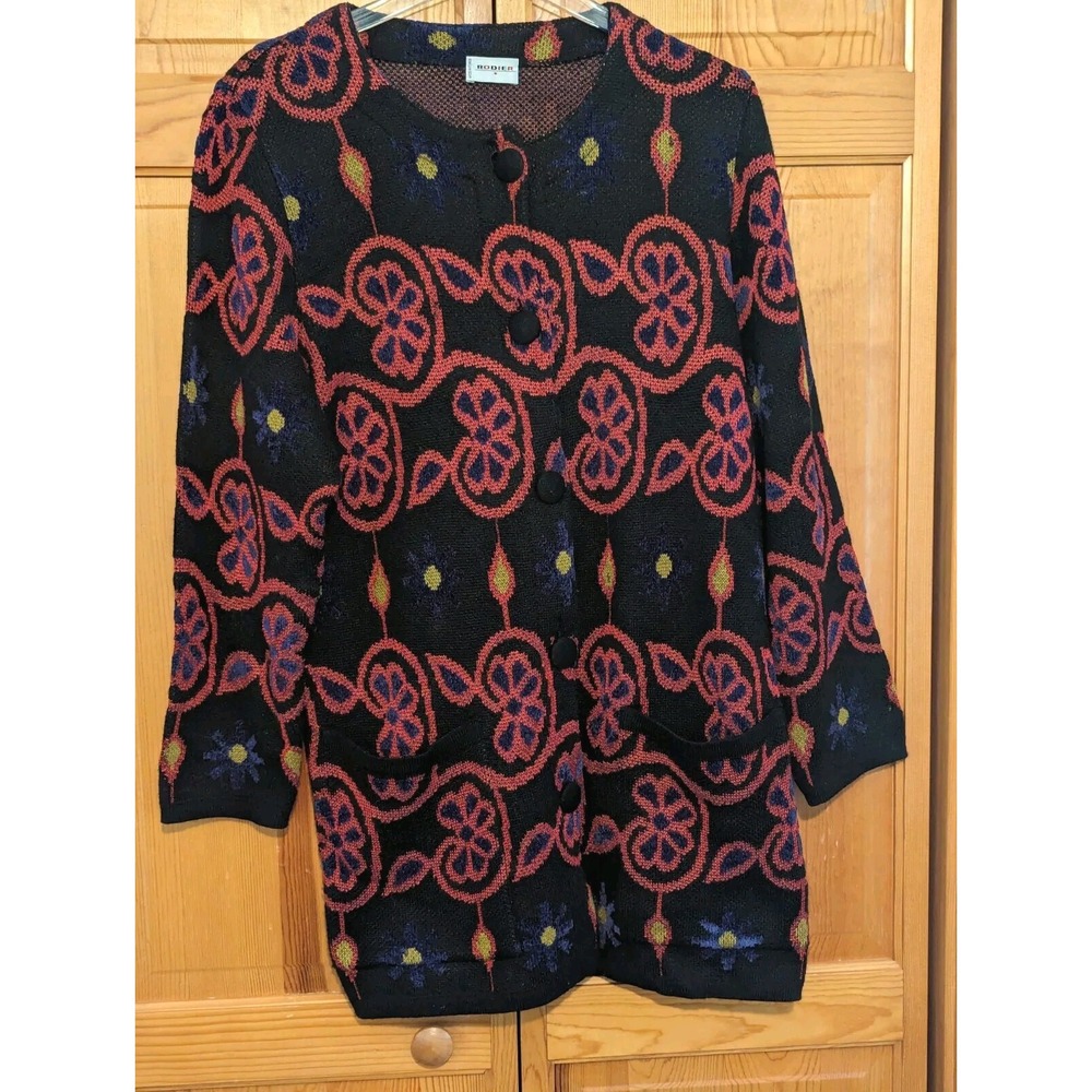 Rodier of Paris Sweater Jacket Largeโ Black Floral Medallion Wool Blend